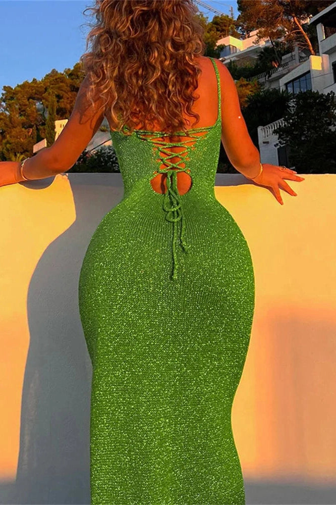 Glorol - Backless Split Lace-Up Maxi Dress