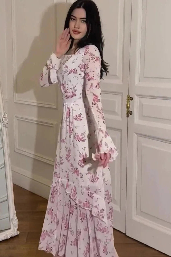 Glorol - Printed Long Sleeve High Waist Slim Irregular Maxi Dress