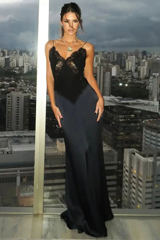 Glorol - Lace Spaghetti Strap V Neck Sleeveless Backless Bodycon Maxi Dress