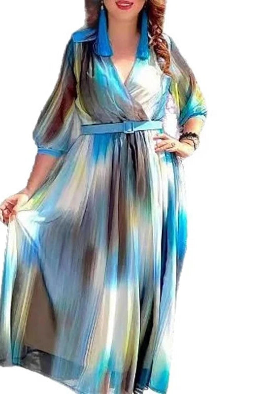 Glorol - Half Sleeve Loose V-Neck Printed Pleated Maxi Dress