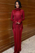 Glorol - Slim Pleated Long Sleeve Lace-Up Maxi Dress