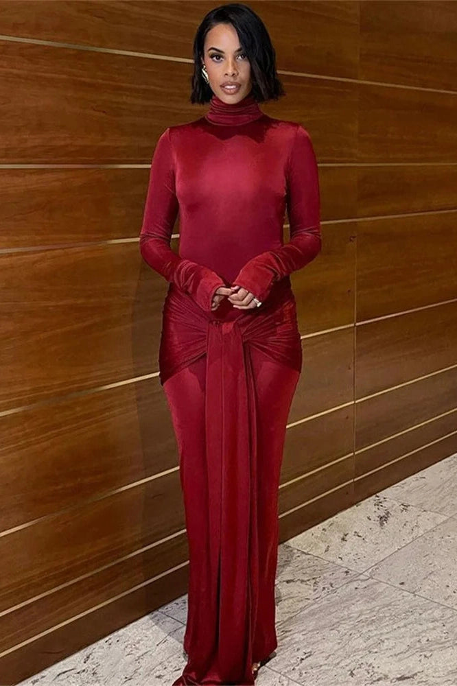 Glorol - Slim Pleated Long Sleeve Lace-Up Maxi Dress