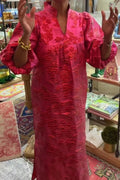 Glorol - Elegant Loose Split Pleated A-Line V-Neck Long Sleeve Maxi Dress