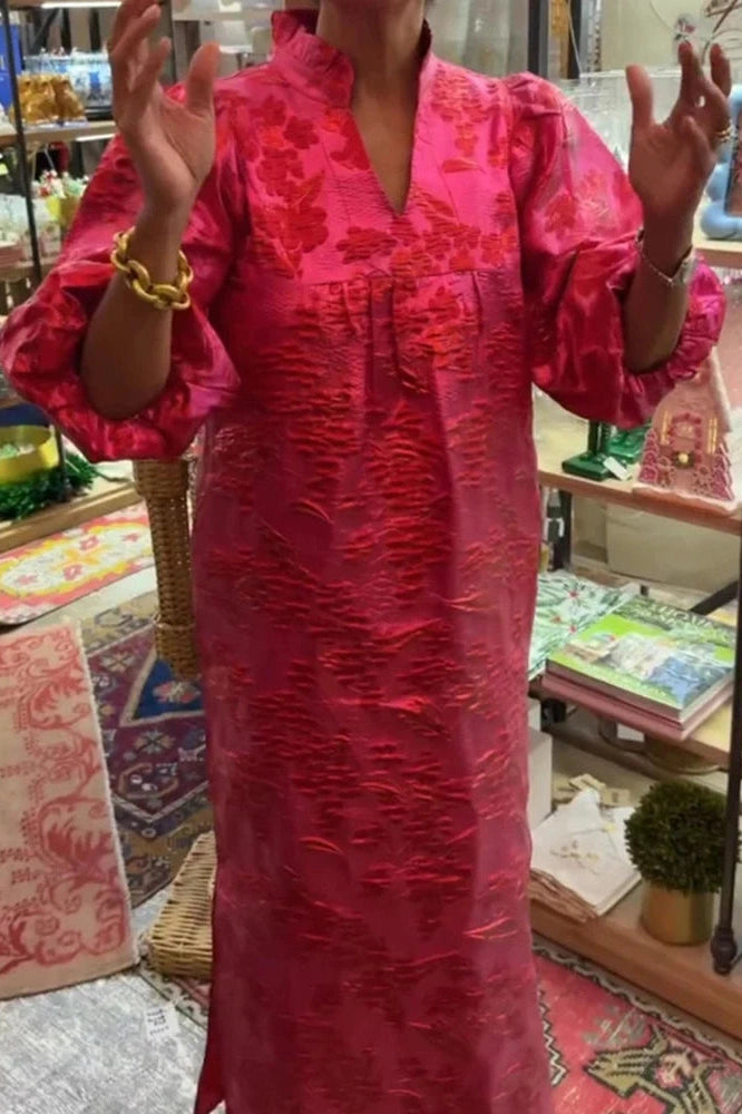 Glorol - Elegant Loose Split Pleated A-Line V-Neck Long Sleeve Maxi Dress