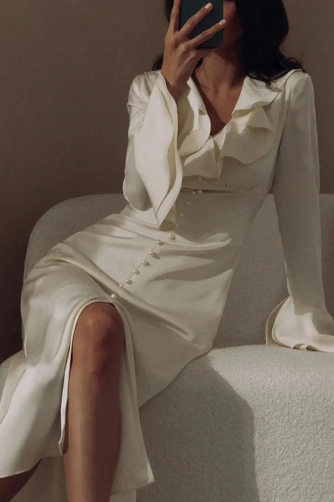Glorol - Elegant V Neck Slim Long Sleeve High Waist Midi Dress