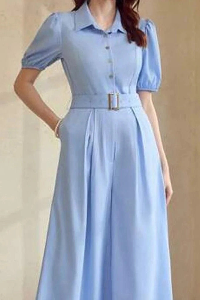 Glorol - High Waist Puff Sleeve Wide Leg Jumpsuit