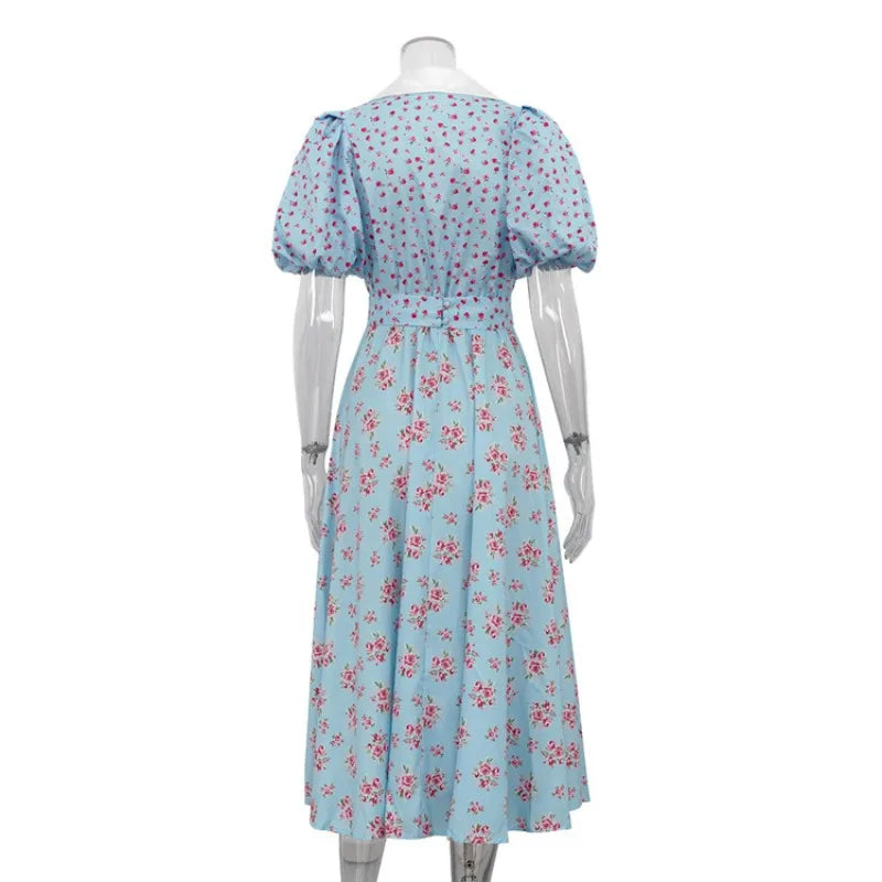 Glorol - Printed V Neck High Waist A-Line Mini Dress