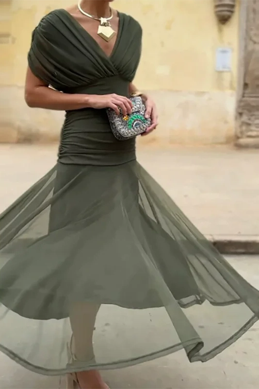 Glorol - Printed Shawl Sleeve High Waist Pleated V-Neck Off Shoulder Maxi Dress