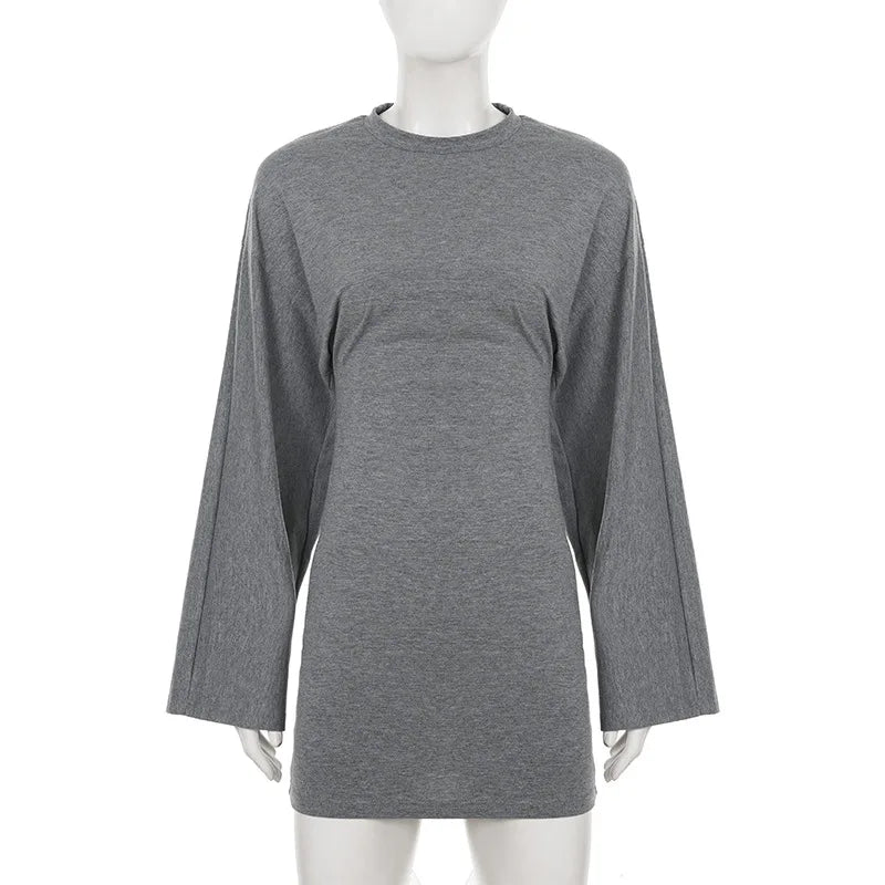 Glorol - Round Neck A-Line Long Sleeve Mini Dress