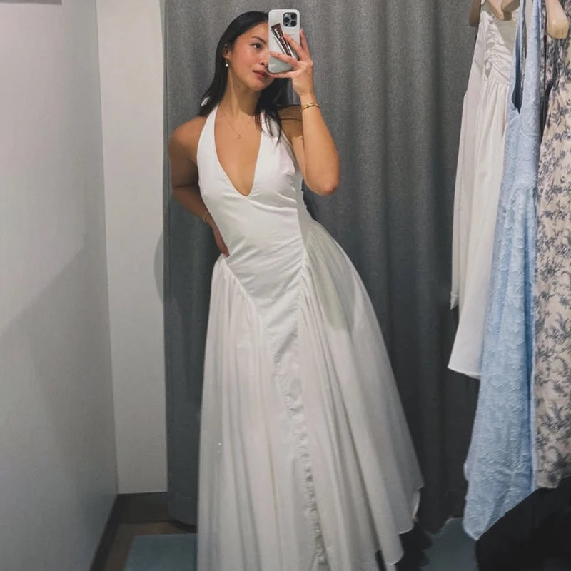 Glorol - Deep V Neck A-Line Pleated Midi Dress
