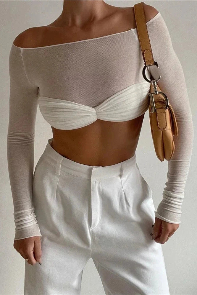 Glorol - Off-Shoulder Long Sleeve See-Through Lace Top