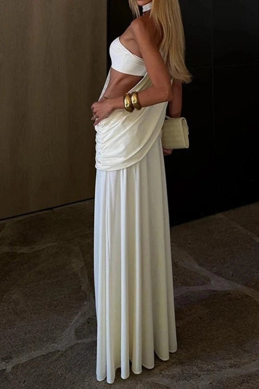 Glorol - Hollow Out Slim High Split Pleat Slash Collar Maxi Dress