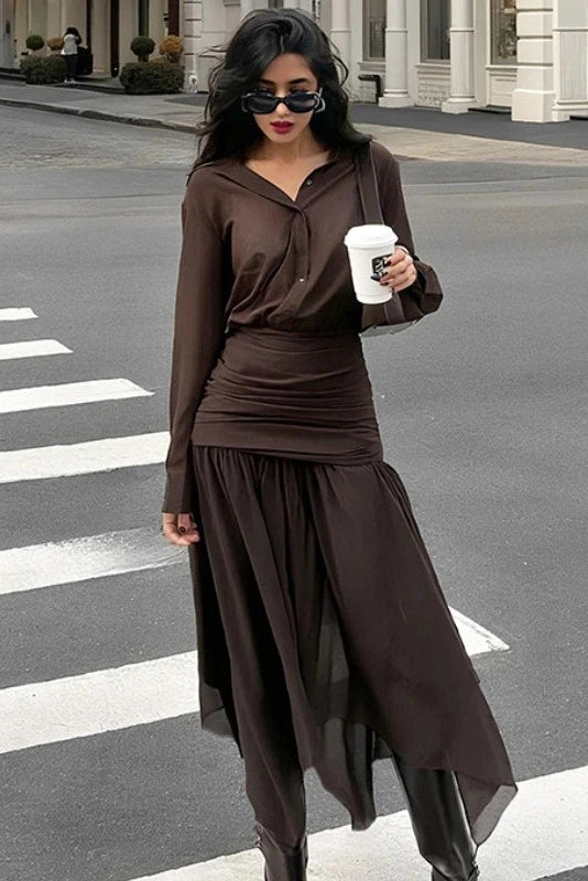 Glorol - Long-Sleeved Pleated Slim High Waist Midi Dress