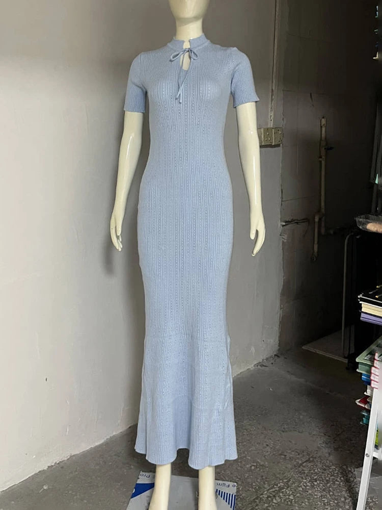 Glorol - Knitted Short Sleeve Slim High Waist Maxi Dress