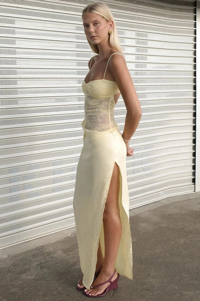 Glorol - Lace Spaghetti Strap Backless High Slit Sleeveless Maxi Dress