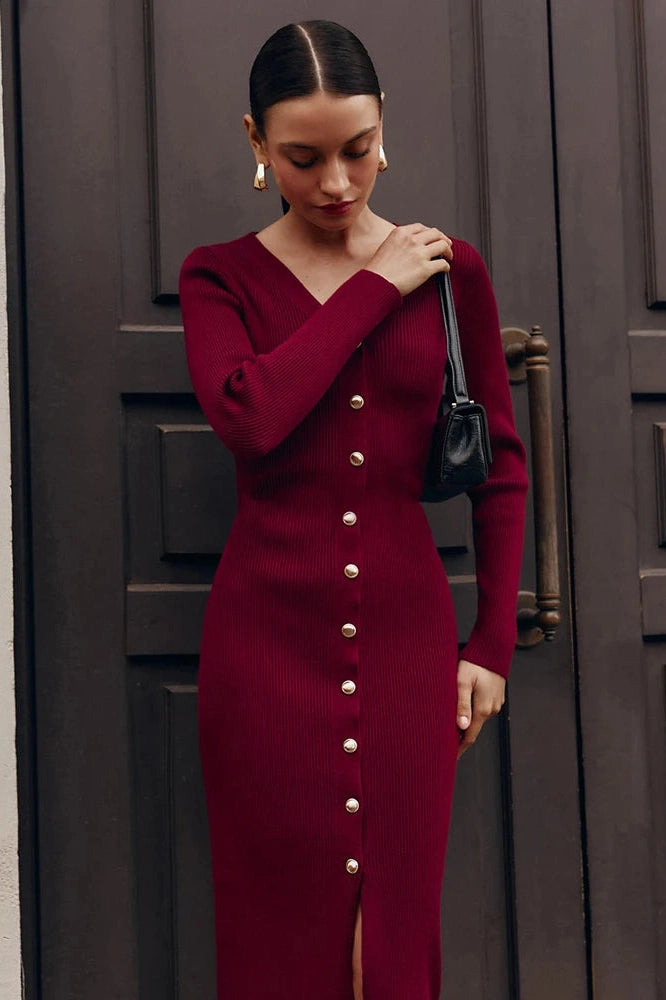 Glorol - Elegant Long Sleeve Knitted Slim Midi Dress