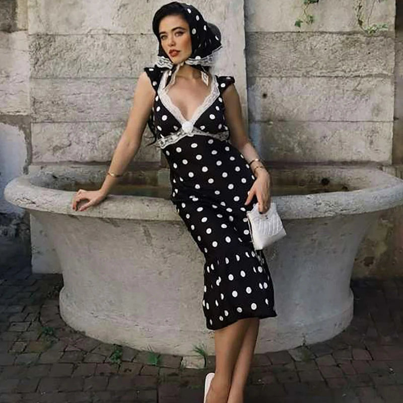 Glorol - Lace Patchwork Polka Dot V-Neck Backless Midi Dress