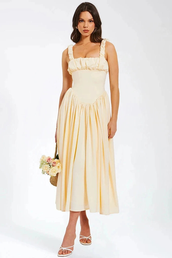 Glorol - Elegant Square Collar Sleeveless Backless Midi Dress