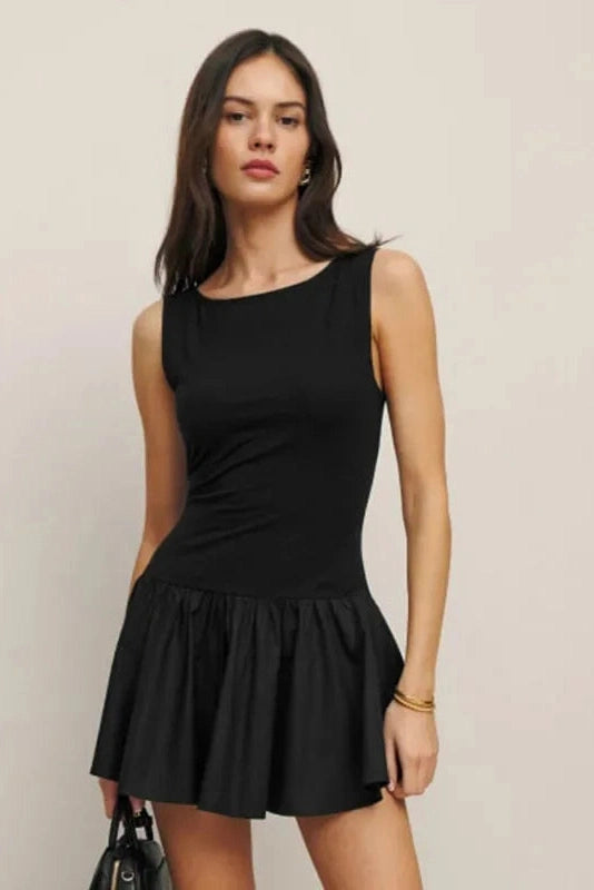 Glorol - Sleeveless Pleated High Waist Round Neck Slim Mini Dress