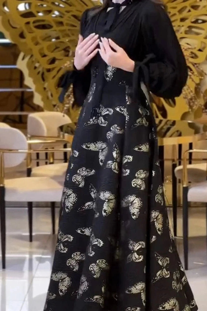 Glorol - Elegant High Waist Printed Long Sleeve Pleated Maxi Dress