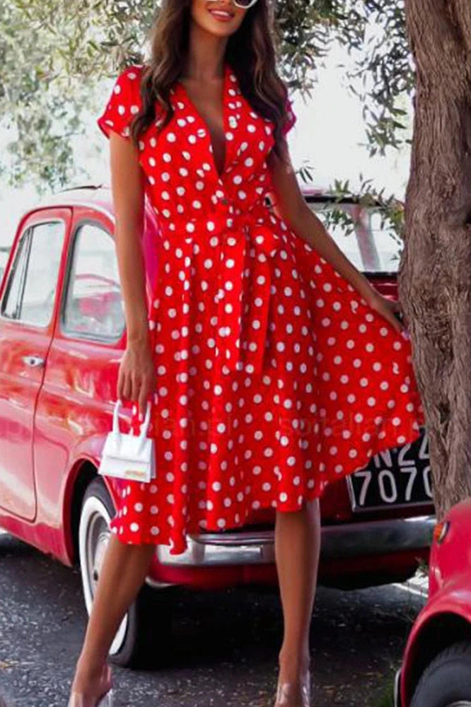 Glorol - Polka Dot Print V-Neck Button Lace-up Slim A-Line Midi Dress
