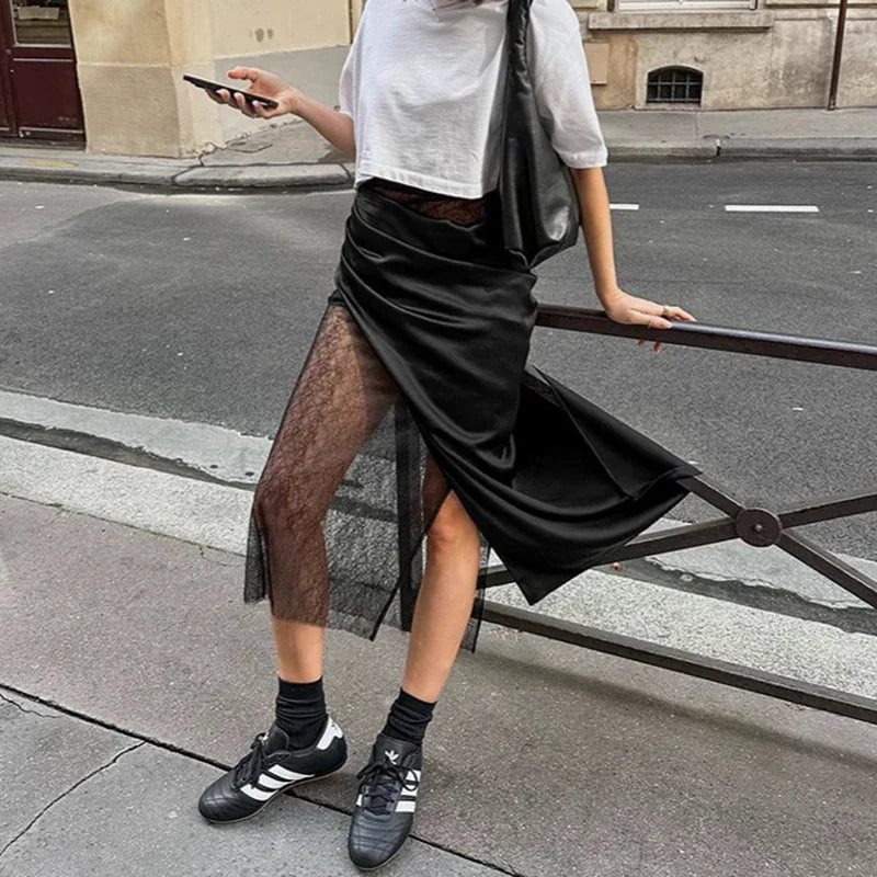 Glorol - Lace Splice See Through High Waist Skirt