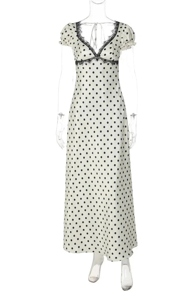 Glorol - Lace Backless V-Neck Short Sleeve Maxi Dress
