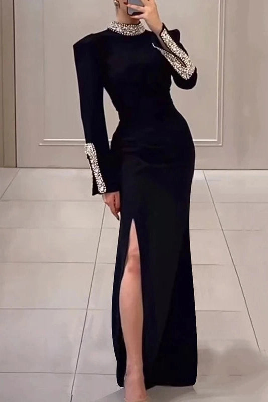 Glorol - Elegant High Slit Long Sleeve Slim Turtleneck Maxi Dress