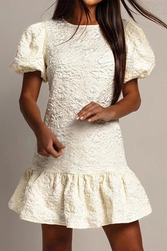 Glorol - Pleated Loose O-Neck Short Sleeve High Waist Mini Dress