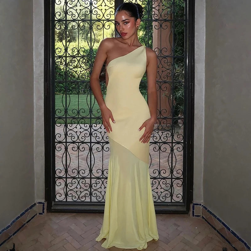 Glorol - Patchwork One Shoulder Lace-Up Backless Maxi Dress