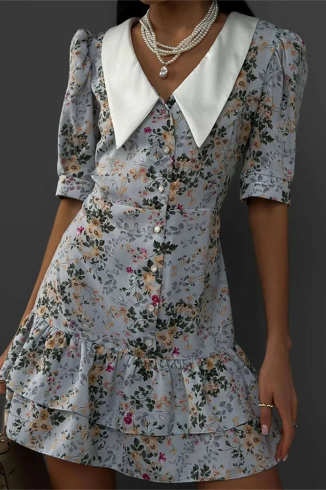 Glorol - Printed V-Neck Short Sleeve Slim High Waist Mini Dress