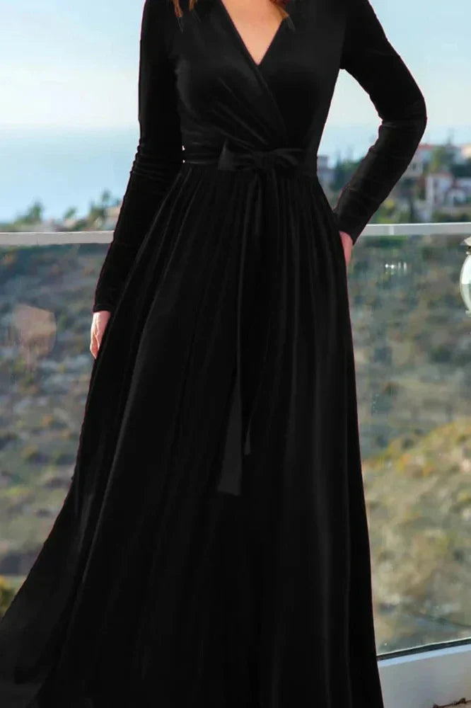 V-Neck  Pleated High Waist A-Line Maxi Dress