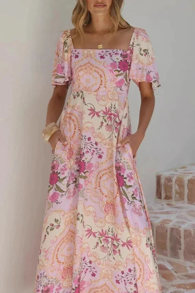 Square Collar Backless High Waist Pleated Printed Maxi Dress