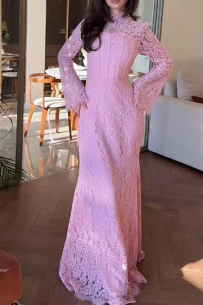 Glorol - Elegant Slim High Waist Lace Embroidery Maxi Dress