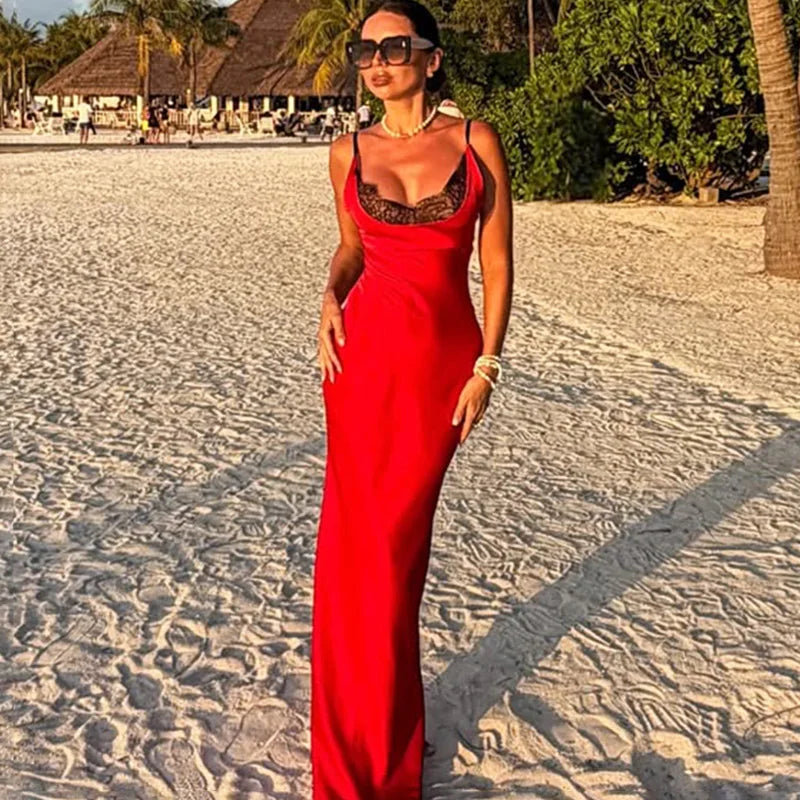 Glorol - Lace Patchwork Backless Maxi Dress