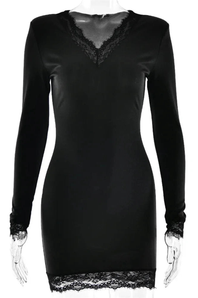 Glorol - Lace V Neck Long Sleeve Patchwork Bodycon Mini Dress