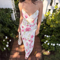 Glorol - Printed Lace-Up Backless Patchwork Maxi Dress