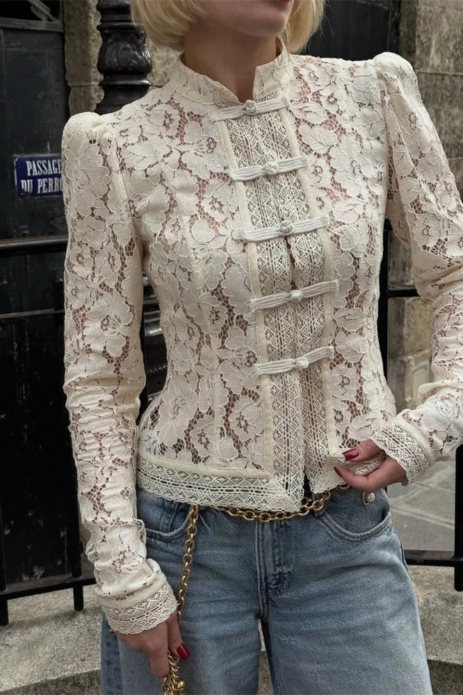Glorol - Hollow Out Lace Printed Top