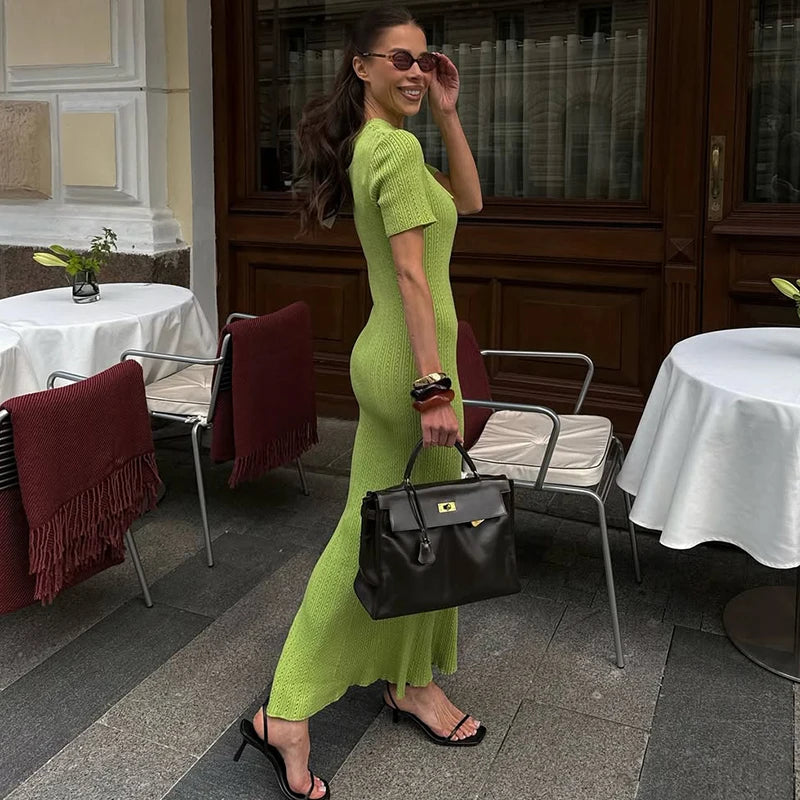 Glorol - Knitted Short Sleeve Slim High Waist Maxi Dress