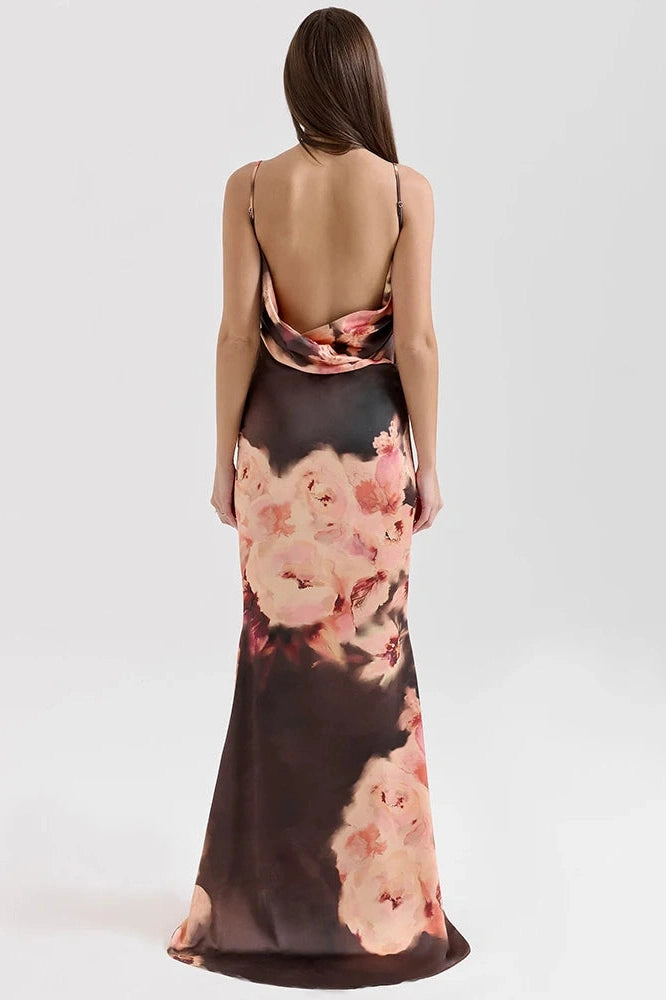 Glorol - Printed Spaghetti Strap Sleeveless Backless Bodycon Maxi Dress