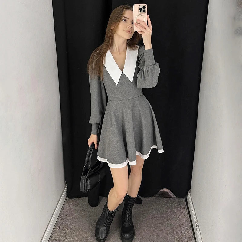 Glorol - Lantern Sleeve High Waist A-Line Mini Dress