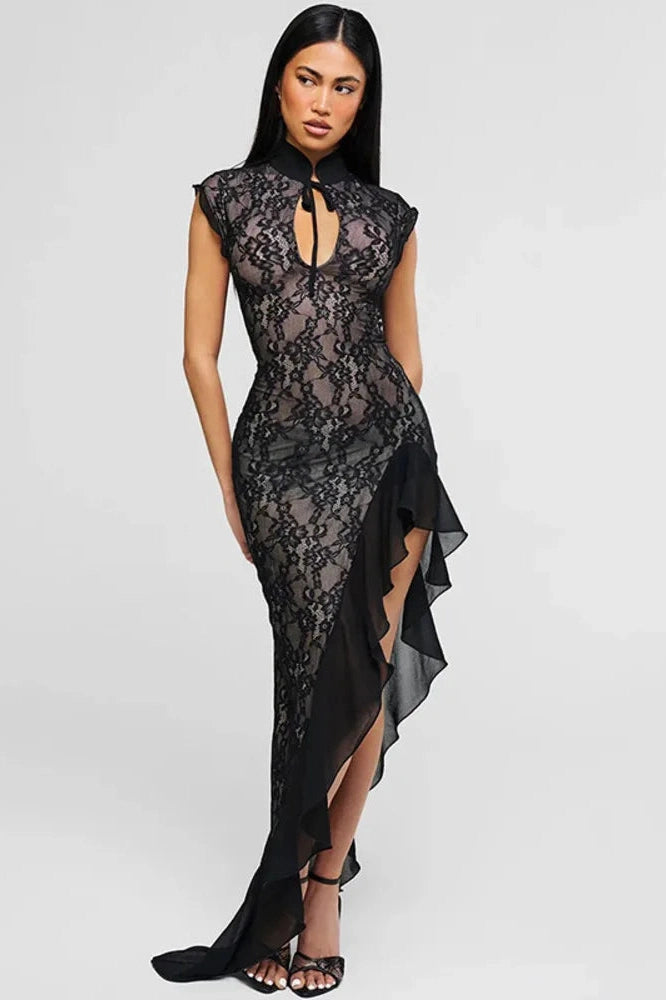 Glorol - Hollow Out Lace Sleeveless High Split Maxi Dress