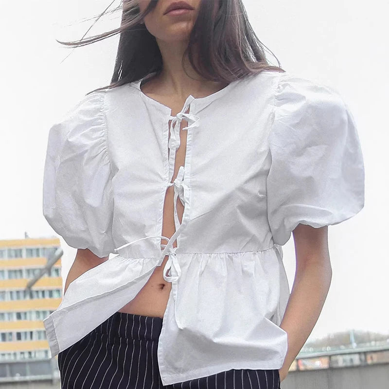 Glorol - Lace-Up Round Neck Loose Short-Sleeve Top