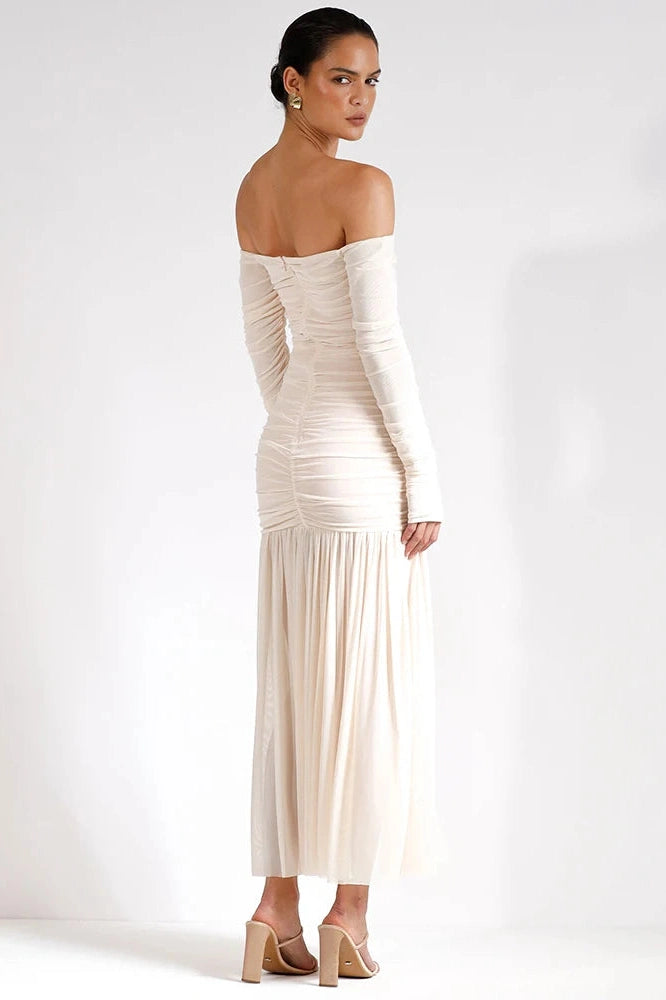 Glorol - Off-Shoulder Strapless Patchwork Backless Long Sleeve Pleated Maxi Dress