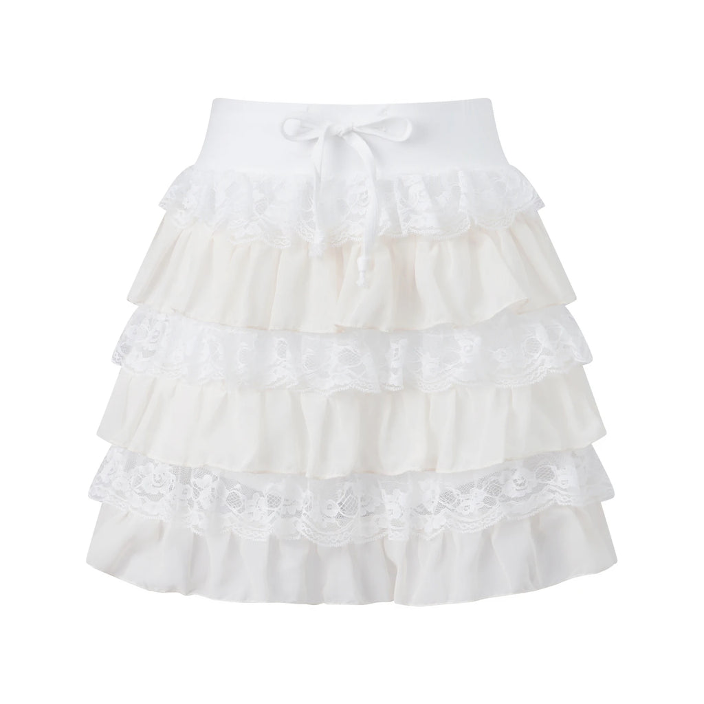 Glorol - Lace Trim Tiered Ruffle Waist Layered Skirt