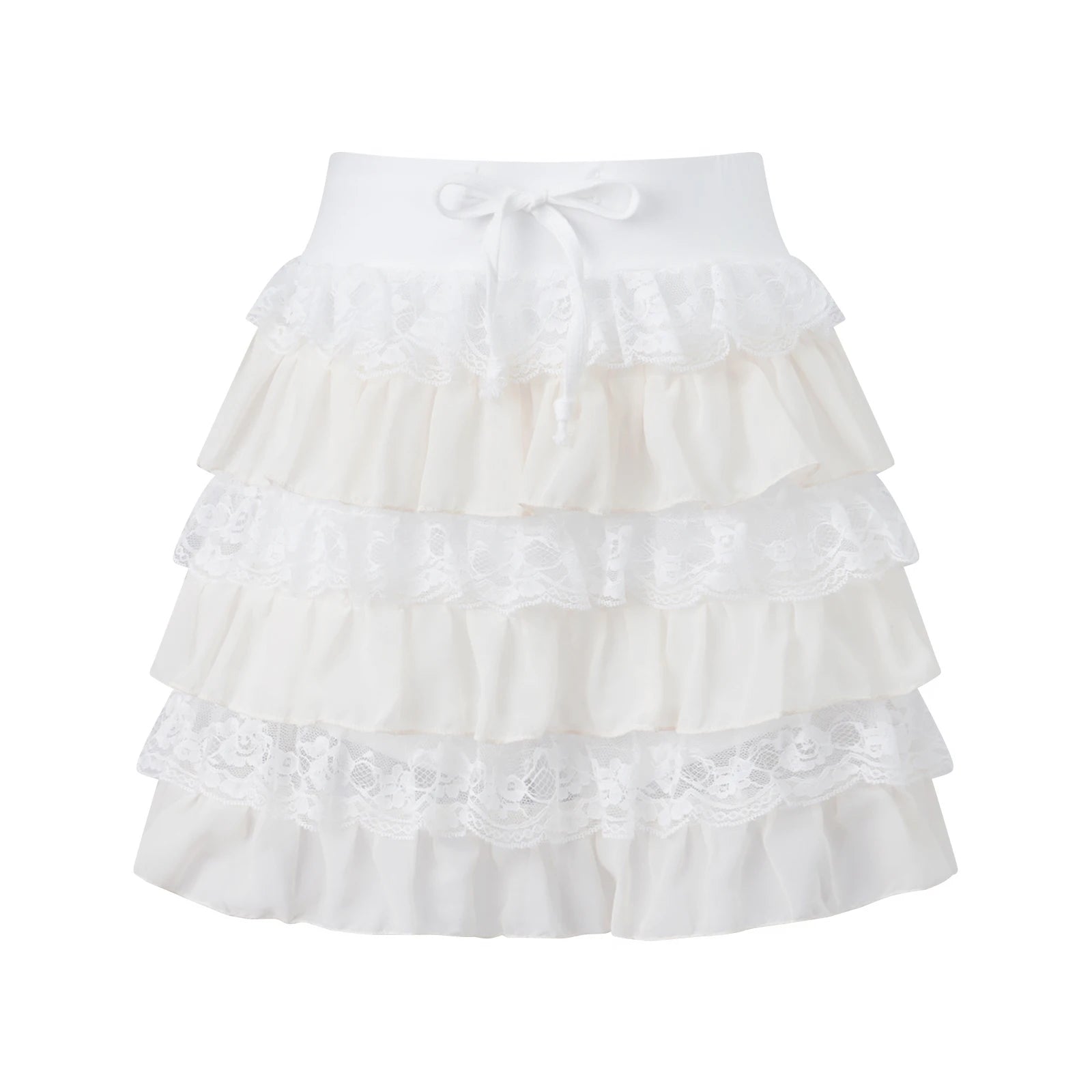 Glorol - Lace Trim Tiered Ruffle Waist Layered Skirt