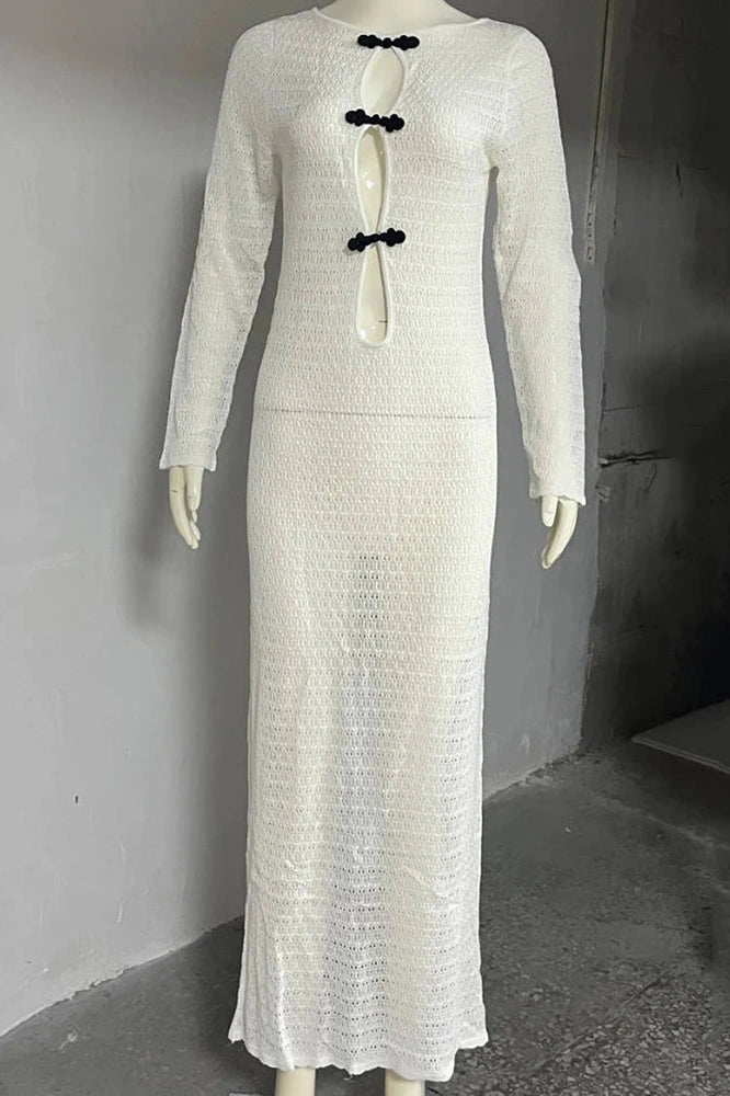 Glorol - Hollow Out See Through Long Sleeve Maxi Dress