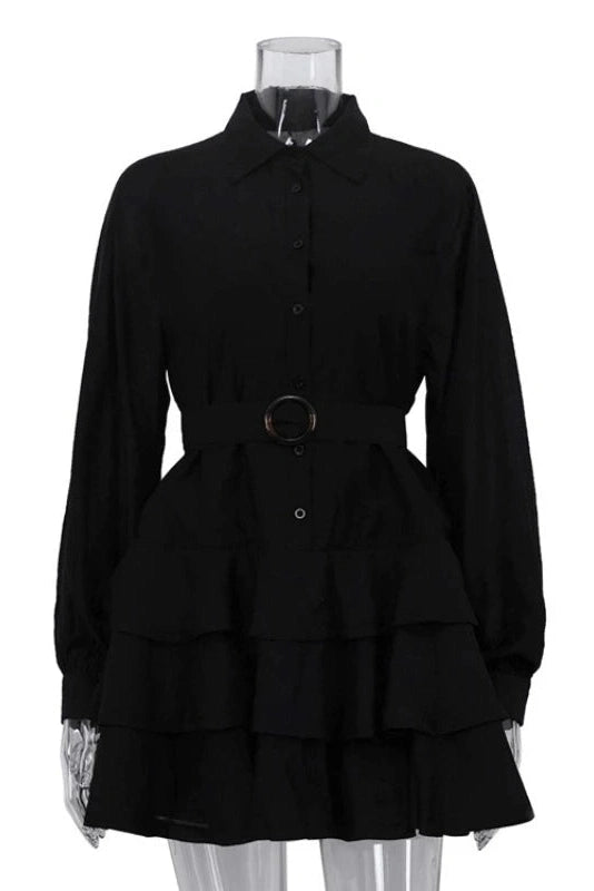 Glorol - Elegant Long Sleeves Single-Breasted Belt Mini Dress