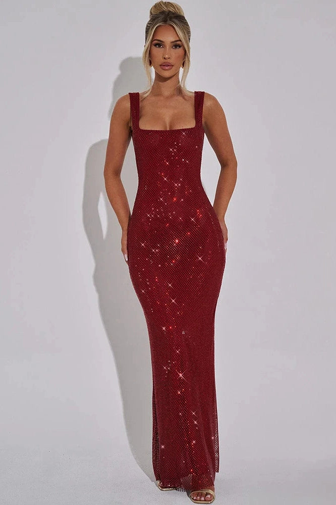 Glorol - Backless Sparkle Square Collar Sleeveless Maxi Dress
