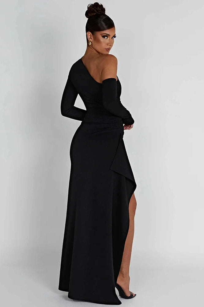 Glorol - Oblique Shoulder Long Sleeve Backless High Split Maxi Dress